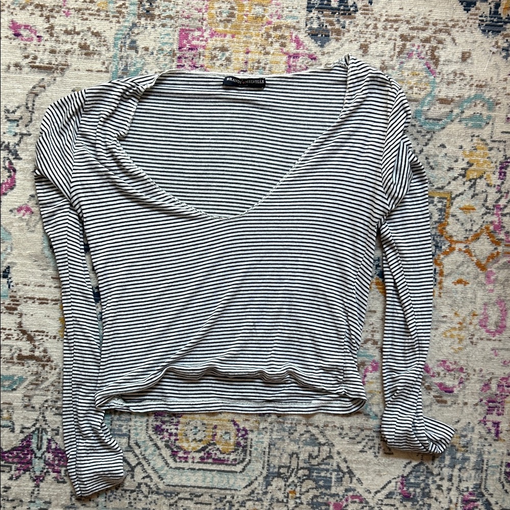 Brandy Melville Black and White Striped V-Neck Blouse